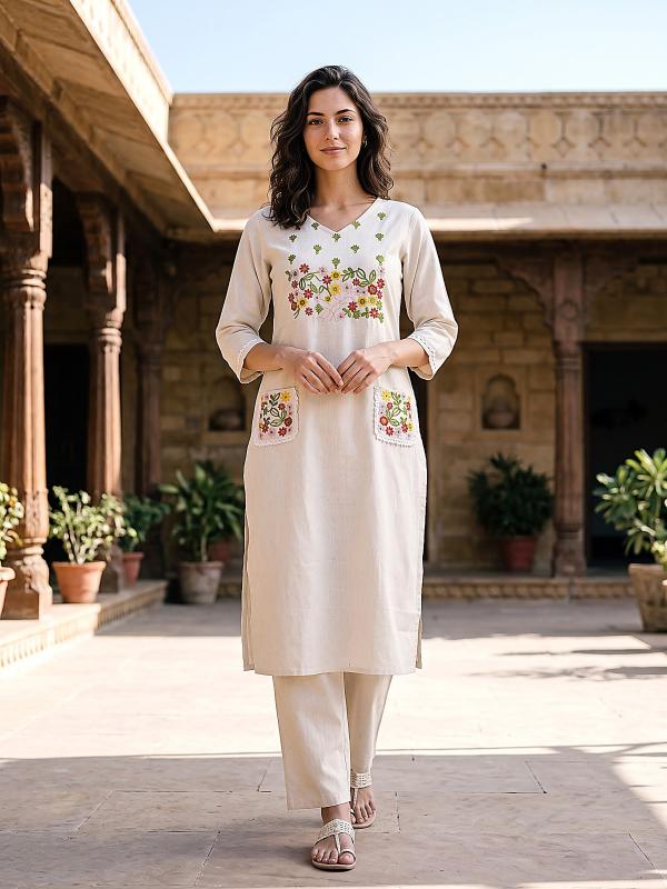 VP 9932 O Women’s Khadi Cotton Thred Embroidered Straight Kurta Pant Set